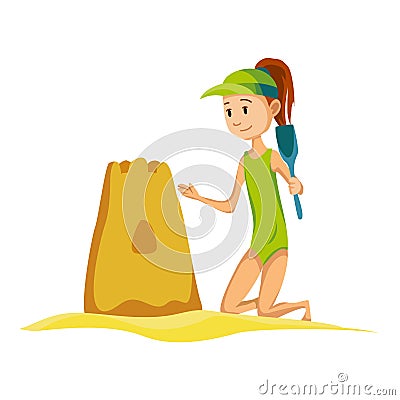 Summer beach activities. Girl build sand castle. Beach vacation. Cartoon style Vector Illustration