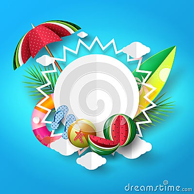 Summer beach banner background concept design with sun and object elements. Vector Illustration