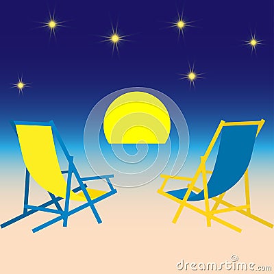 Summer beach with beach chairs Cartoon Illustration