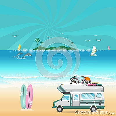 Summer beach camping island landscape with caravan camper Vector Illustration