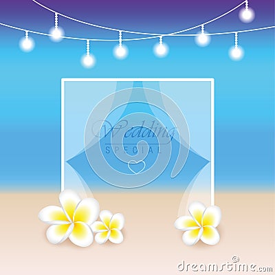 Summer beach card for wedding invitation with lanterns and frangipani Vector Illustration