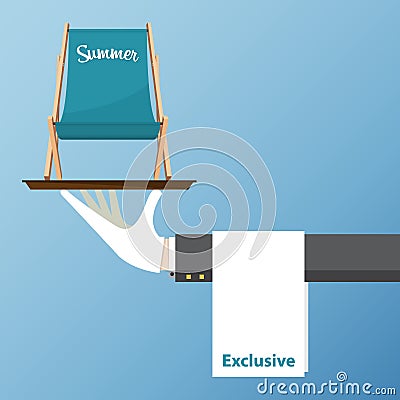 Summer beach chair. Waiter hand holding tray. Flat design icon. Vector Illustration Vector Illustration