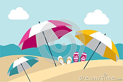 Summer beach with color umbrellas. Flat design Vector Illustration
