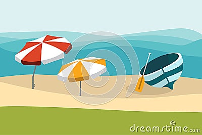 Summer beach with color umbrellas. Flat design. Vector Illustration