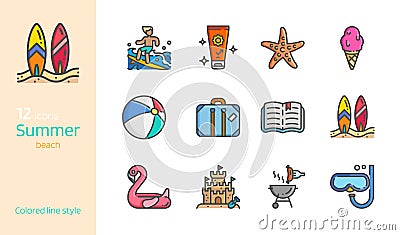 Summer beach colored line icon set Vector Illustration