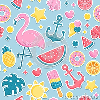 Summer beach elements seamless pattern. Flamingo, ice cream, watermelon, sun, shell, pineapple. Vector illustration Vector Illustration