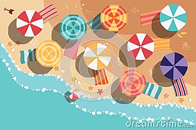 Summer beach in flat design, sea side and beach items Vector Illustration