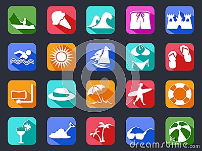 Summer beach flat icons set with long shadow Vector Illustration