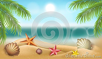 Summer beach frame with shells, starfish and palm tree Vector Illustration