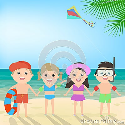 Summer beach holiday. Children on the beach. Sea landscape, vector cartoon Vector Illustration