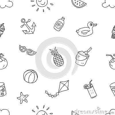 Summer beach holiday seamless pattern. ready to print hand drawing cartoon style design for paper, fabric production. Vector Illustration