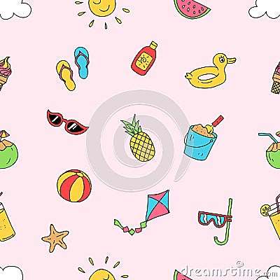 Summer beach holiday seamless pattern. ready to print hand drawing cartoon style design for paper, fabric production. Vector Illustration
