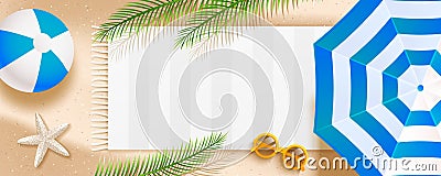 Summer beach horizontal banner with sun umbrella, sunglasses, sea star, ball, towel and palm leaves on sand Vector Illustration