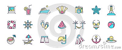 Summer beach icons. Holiday pictograms. Hot color design. Outline signs set. Tropical resort. Summertime recreation Cartoon Illustration