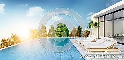 Summer ,beach lounge, sun loungers on Sunbathing deck and private swimming pooland panoramic sea view at luxury villa/3d renderin Stock Photo