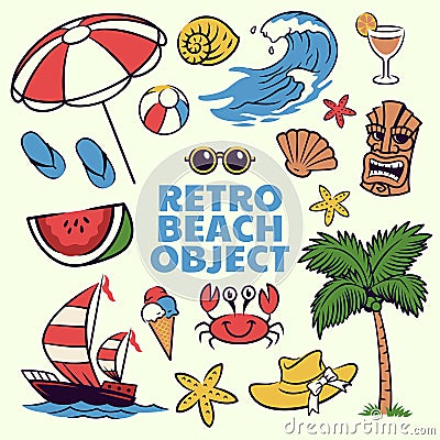 Summer Beach Object Collection in Vintage Style Vector Illustration