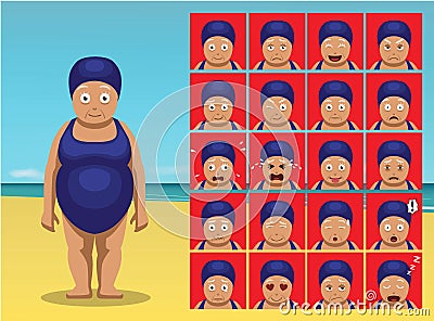 Summer Beach Oldwoman Cartoon Emotion faces Vector Illustration Vector Illustration