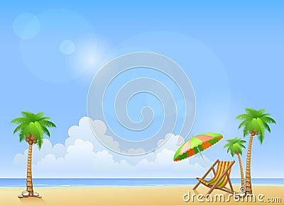 Summer beach with palms and chaise lounge Vector Illustration