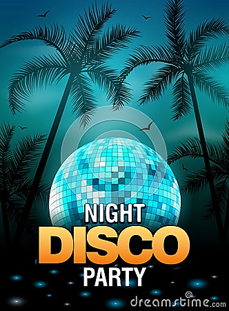 Summer beach party disco poster design with disco ball element. Vector beach party flyer with palm. Music beat template Vector Illustration