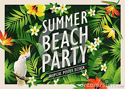Summer beach party poster design template with palm trees, banner tropical background. Vector Illustration