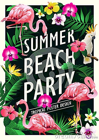 Summer beach party poster design template with palm trees, banner tropical background. Vector Illustration