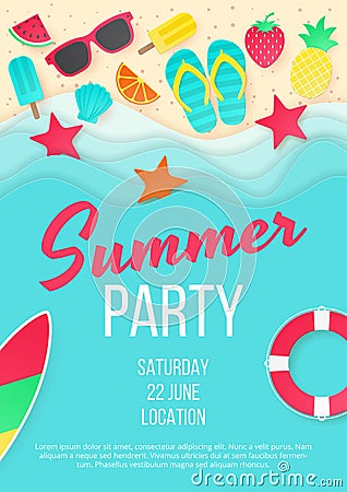 Summer beach party vector background. Paper cut. Vector Illustration