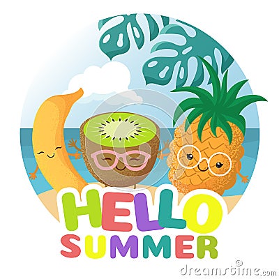 Summer beach party vector background with tropical funny cute smiling tropical fruits Vector Illustration