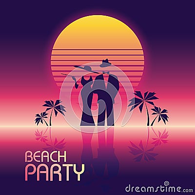 Summer beach party vector banner or flyer template. 80s retro neon glow style. Elegant, stylish man in suit, woman in Vector Illustration