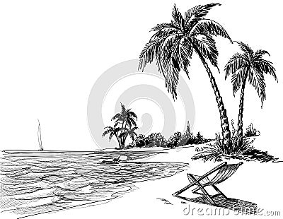 Summer beach pencil drawing Vector Illustration