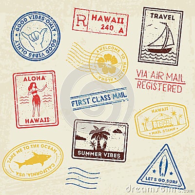 Summer beach post stamps. Hand drawn palm trees and beach elements in retro style. Summer grunge labels, badges and Vector Illustration