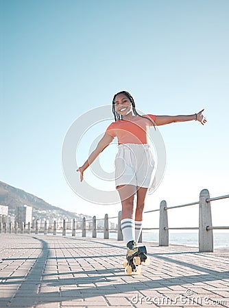 Summer, beach and roller skate woman with happy, relax and calm smile feeling free at the sea. Happiness of a female Stock Photo