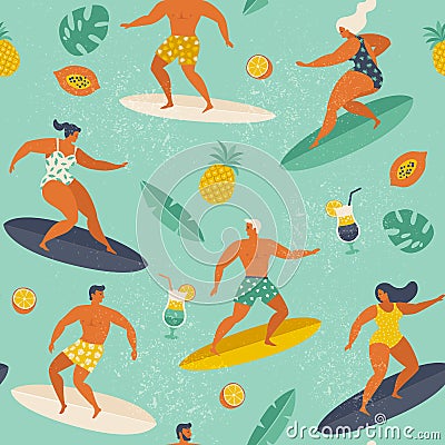 Summer beach seamless pattern in vector. Surf illustration in retro style. Vector Illustration