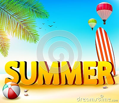 Summer Beach Seashore Background with Palm Tree and Beach Ball Vector Illustration