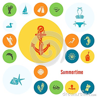 Summer and Beach Simple Flat Icons Vector Illustration