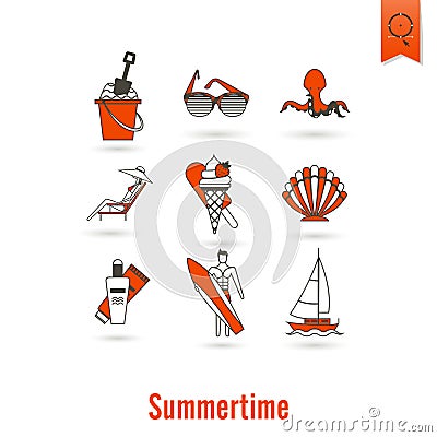 Summer and Beach Simple Flat Icons Vector Illustration