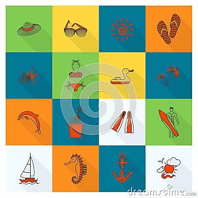 Summer and Beach Simple Flat Icons Vector Illustration