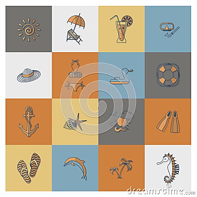 Summer and Beach Simple Flat Icons Vector Illustration