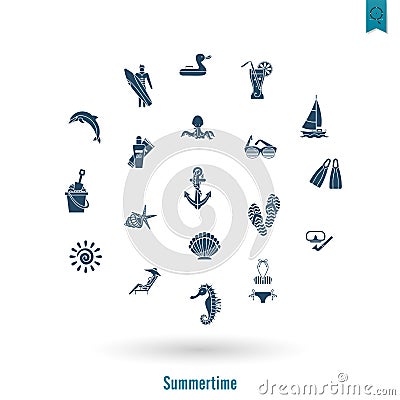 Summer and Beach Simple Flat Icons Vector Illustration