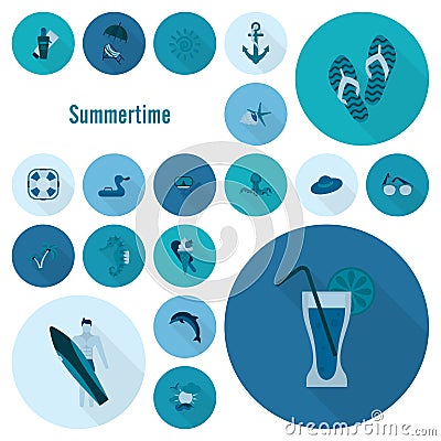 Summer and Beach Simple Flat Icons Vector Illustration