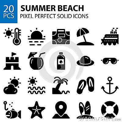 Summer beach solid icons bundle pixel perfect Vector Illustration