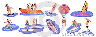 Summer beach sport. People in ocean water. Active surfers. Girl floats on boards. Woman rides on surfboard with Cartoon Illustration