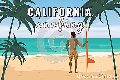 Summer beach surfer character man with surfboard on California ocean coast, palms sand surf. Beautiful tropical Vector Illustration