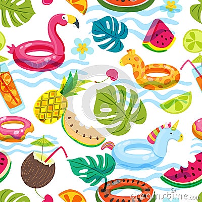 Summer beach or swimming pool seamless pattern. Vector doodle illustration of inflatable kids toys, fruits, cocktails Vector Illustration