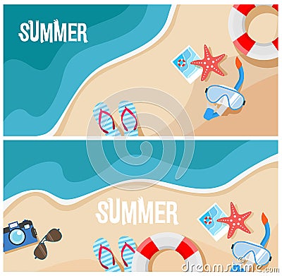 Summer beach top view vector illustration. Travel banner or flyer Vector Illustration