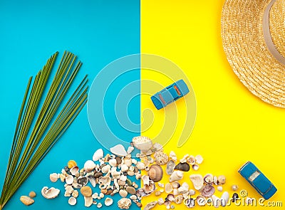 Summer Beach Travel concept. Palm Tree Leaf, straw hat, seashell, blue car on yellow background Stock Photo