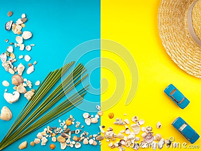 Summer Beach Travel concept. Palm Tree Leaf, straw hat, seashell, blue car on yellow background Stock Photo