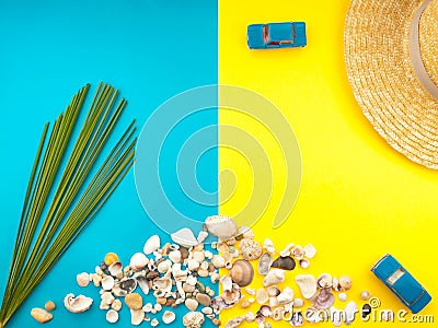 Summer Beach Travel concept. Palm Tree Leaf, straw hat, seashell, blue car on yellow background Stock Photo