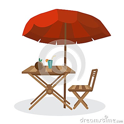 Summer on the beach: umbrella, sun, table, cocktail, coconut. Cartoon Illustration