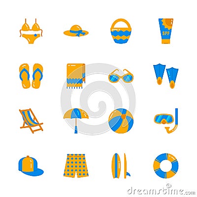 Summer beach vacation accessories set - various elements of resort recreation isolated on white background. Vector Illustration