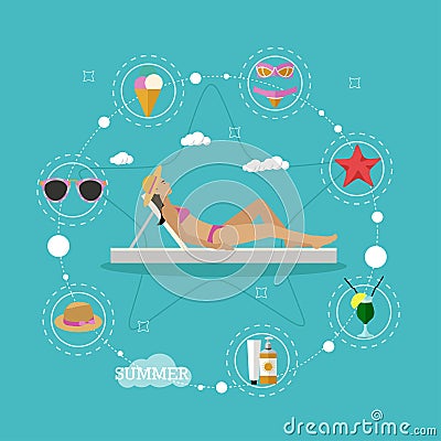 Summer beach vacation concept vector illustration in flat style. Beautiful woman sun bathing in a lounge chair. Tropical Vector Illustration